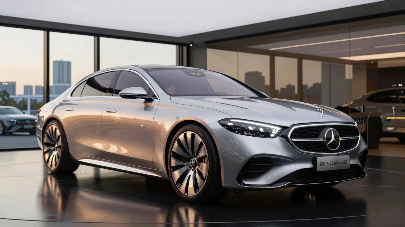 Carro esportivo Mercedes-Benz prata modelo S-Class 2024 em ambiente interno moderno.