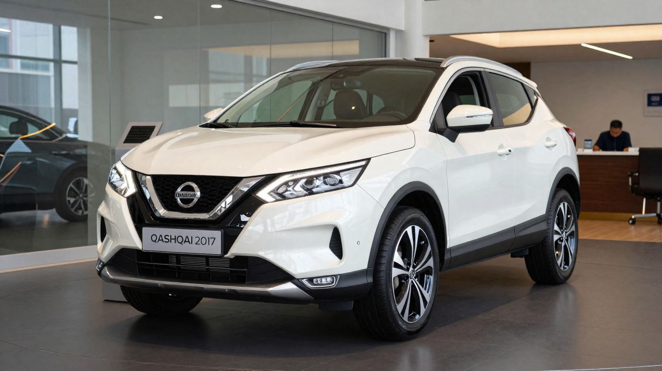 Carro SUV branco Nissan Qashqai 2017 em exposição dentro de concessionária moderna.
