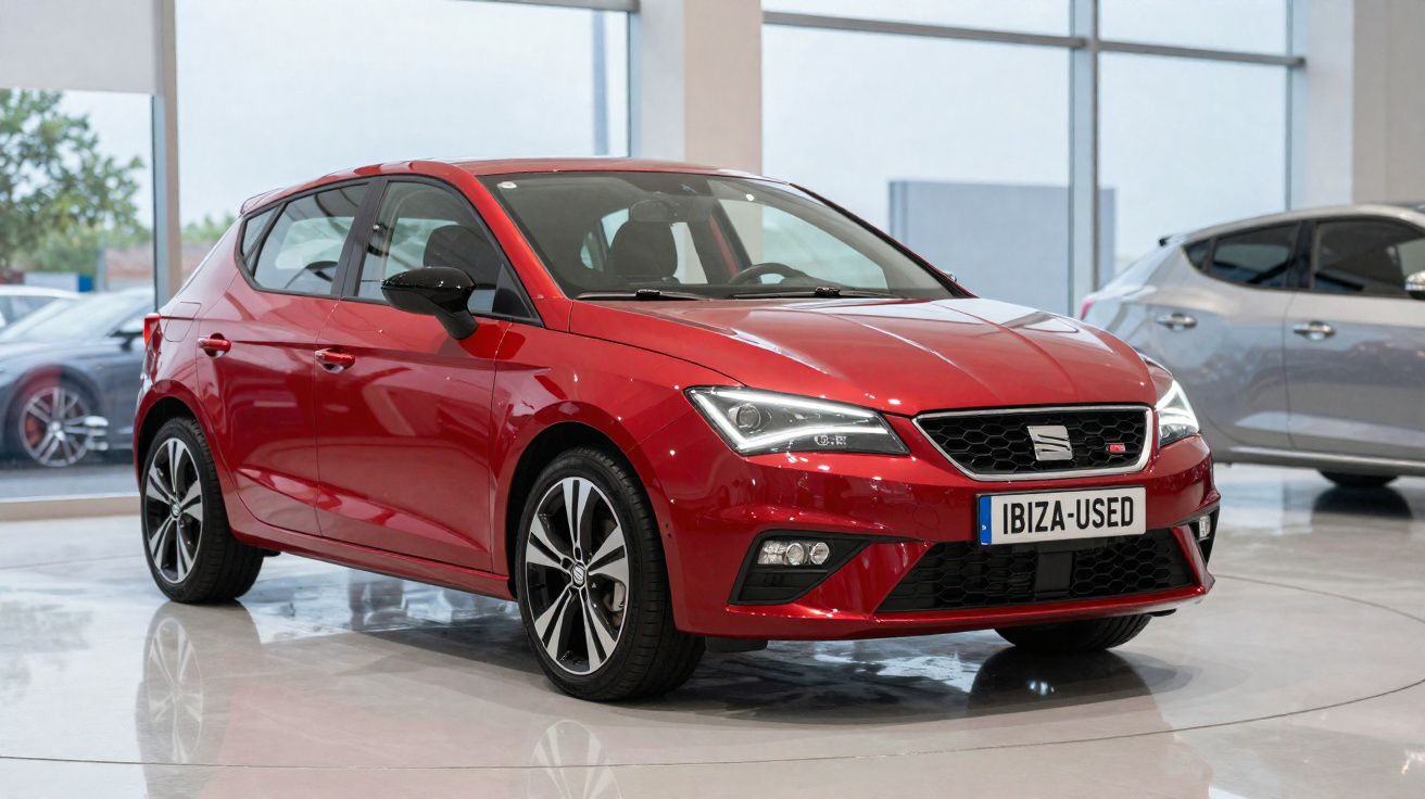 Carro hatchback vermelho SEAT Ibiza em exposição dentro de showroom moderno e iluminado.