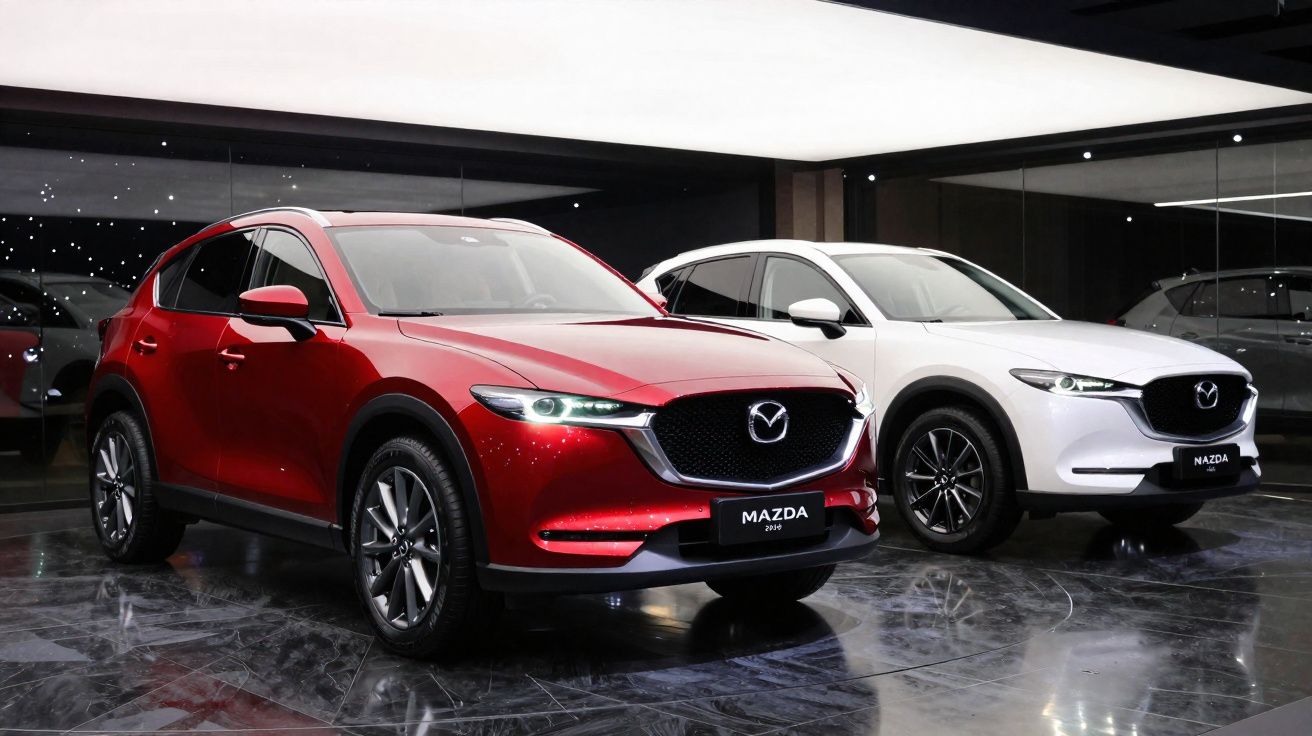 Dois carros SUV Mazda CX-5, um vermelho e outro branco, expostos em showroom moderno com piso refletivo.
