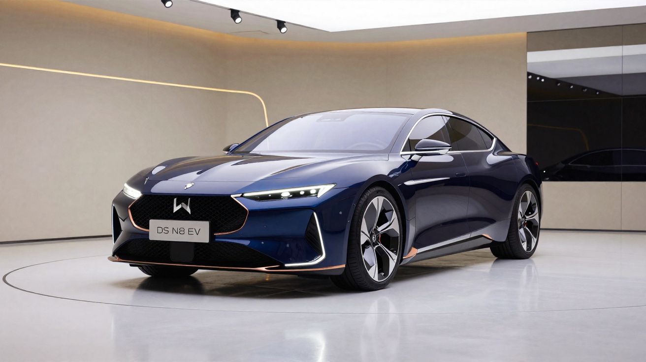 Carro elétrico esportivo azul DS N8 EV em ambiente interno moderno com iluminação suave.