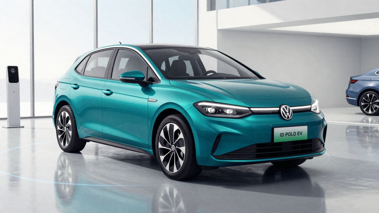 Carro elétrico Volkswagen ID. Polo EV verde em ambiente interno com carregador elétrico ao fundo.