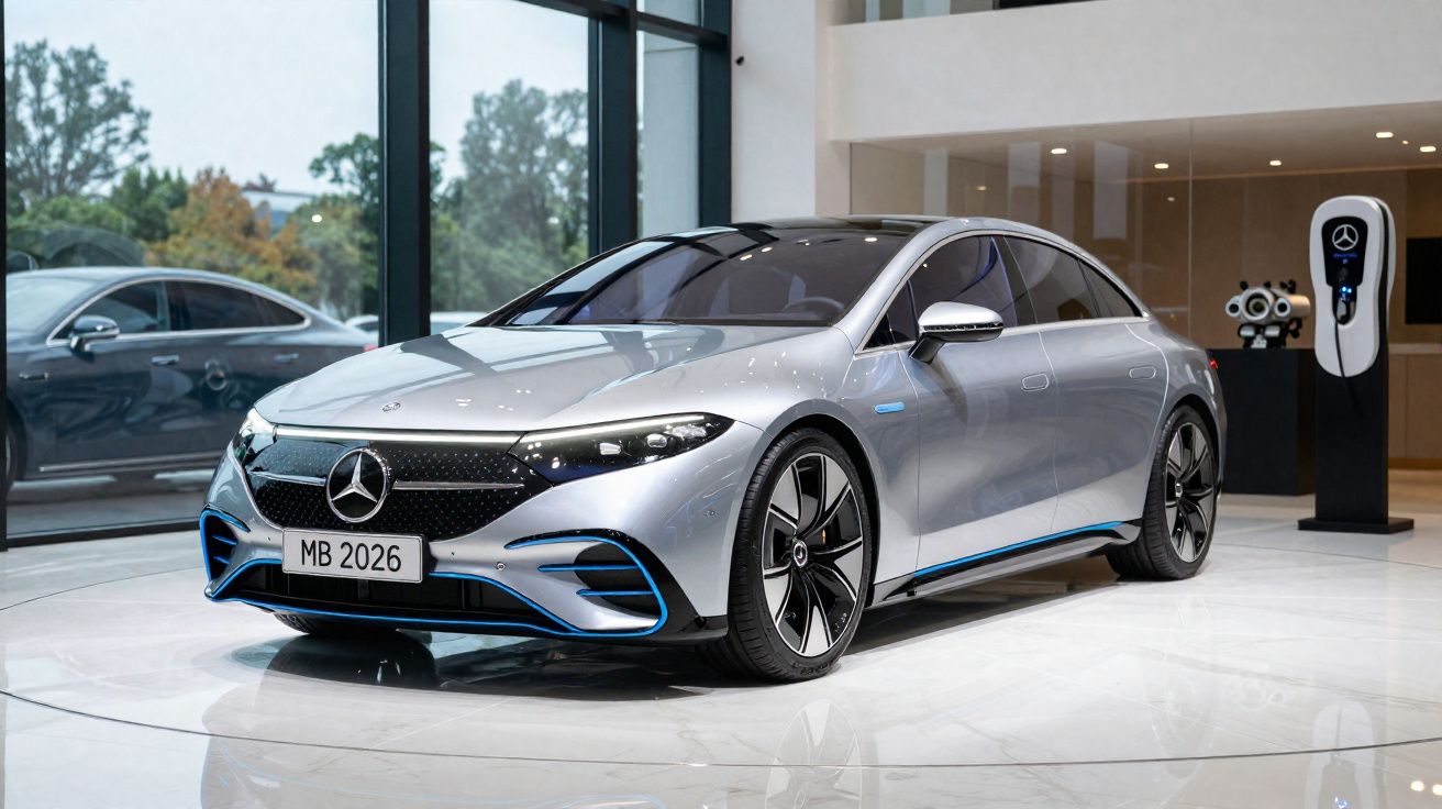 Carro elétrico Mercedes-Benz prata em exposição interna próximo a estação de recarga.