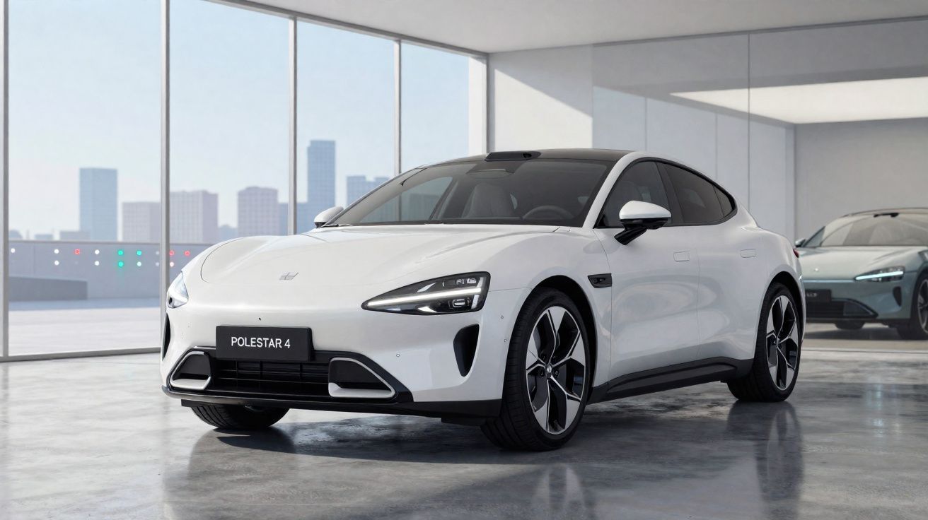 Carro elétrico branco Polestar 4 estacionado em showroom moderno com piso cinza e janelas amplas.