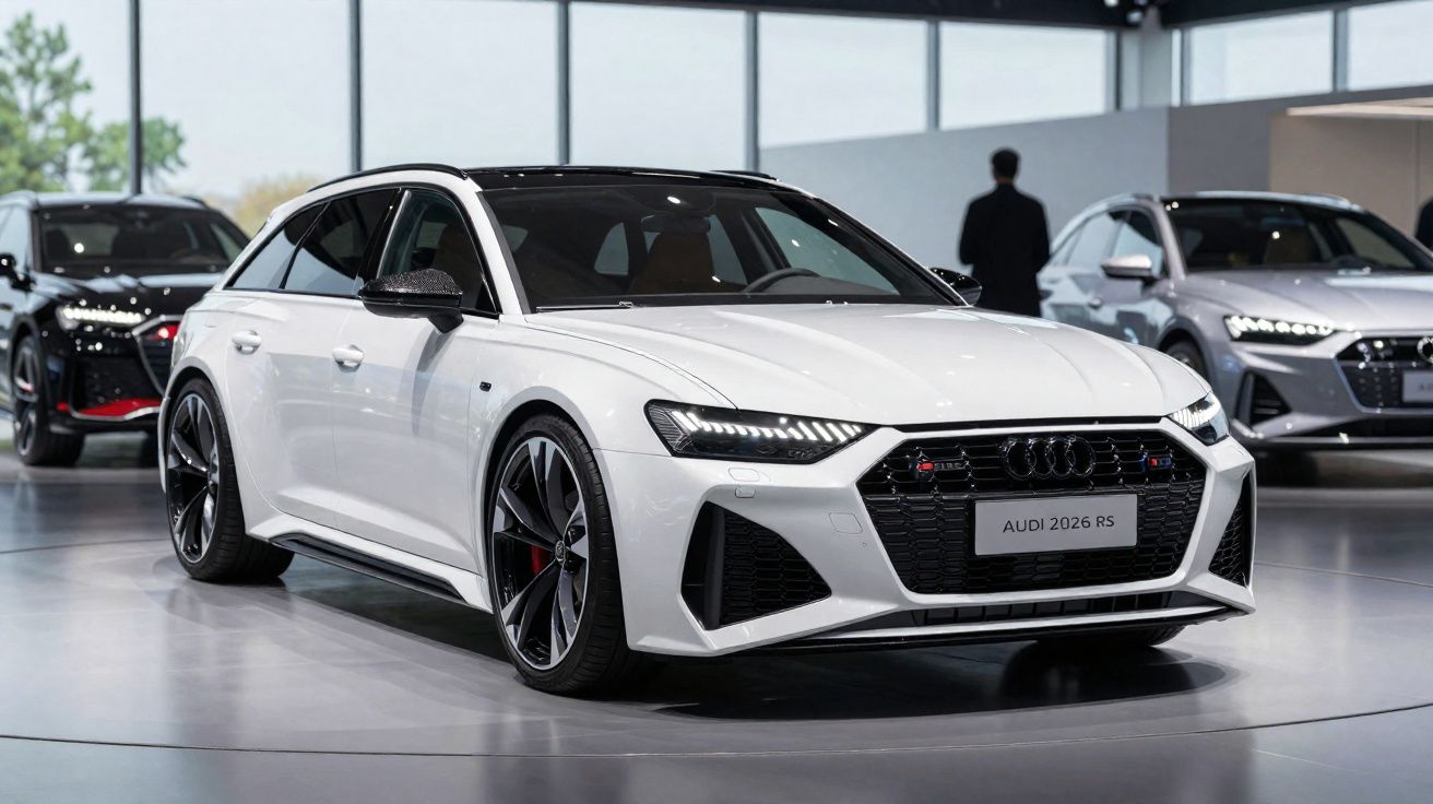 Carro branco Audi 2026 RS em exposição, com faróis de LED e rodas esportivas pretas.