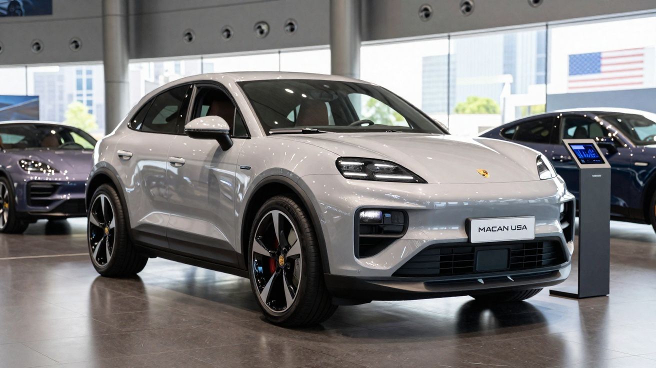 Carro esportivo Porsche Macan prata exibido em showroom com outros veículos ao fundo.