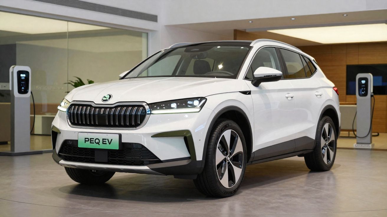 Carro elétrico branco Škoda PEQ EV estacionado em showroom moderno com carregadores elétricos ao fundo.