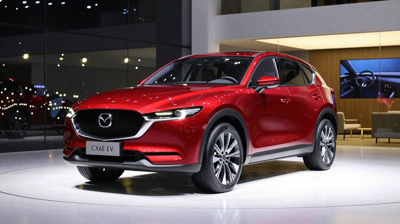SUV vermelho Mazda CX-6E EV exposto em plataforma circular iluminada dentro de showroom moderno.