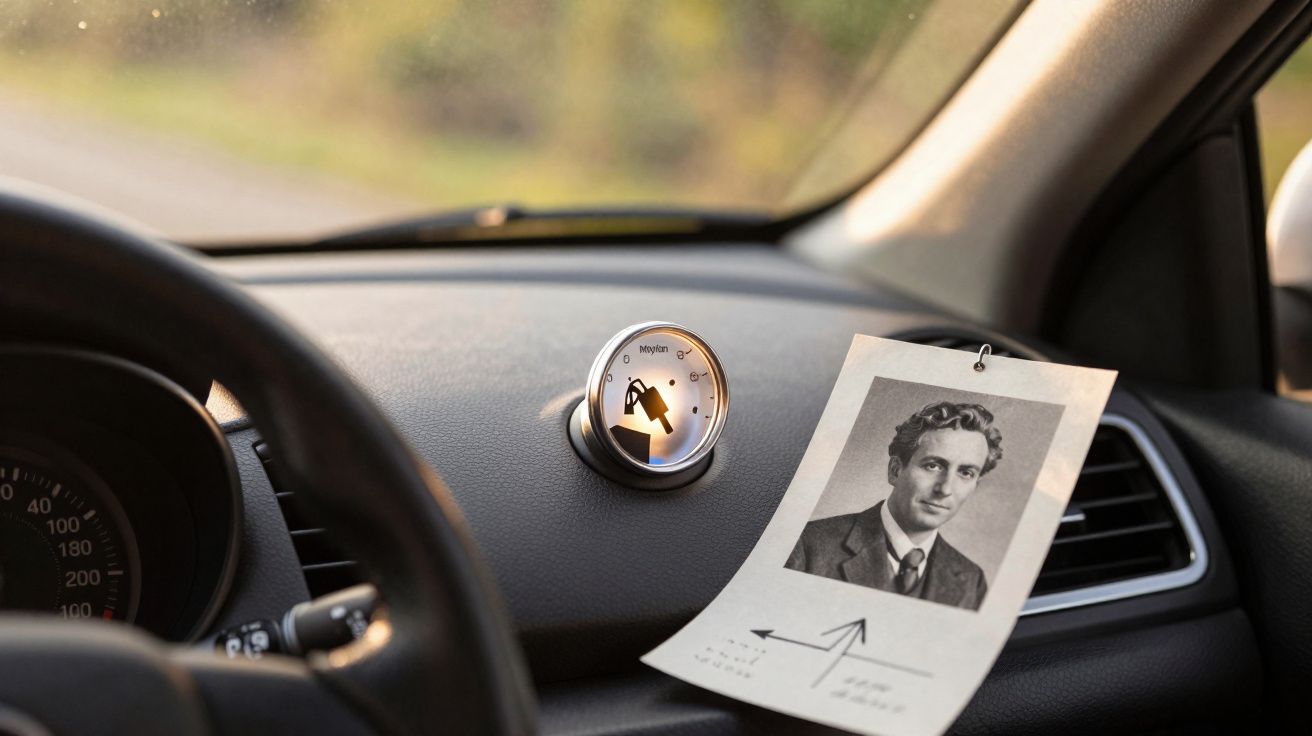 Painel de carro com medidor e foto em preto e branco de homem pendurada no ar-condicionado.