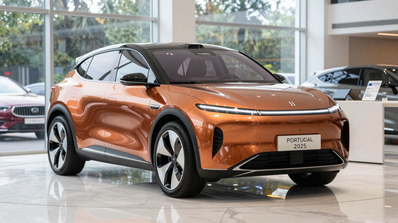 Carro elétrico moderno na cor cobre exposto em showroom com placa personalizada "Portugal 2025".