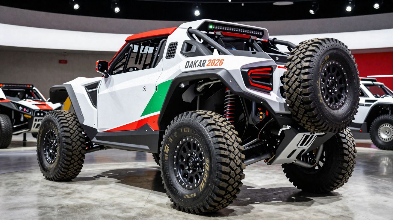 Carro off-road branco com detalhes em verde e vermelho, preparado para corrida Dakar 2026 em exposição.