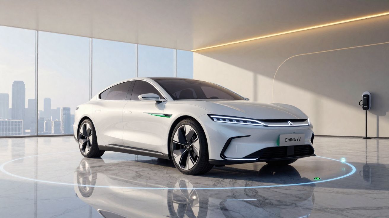 Carro elétrico branco modelo China VV em ambiente moderno com piso espelhado e parede com carregador.