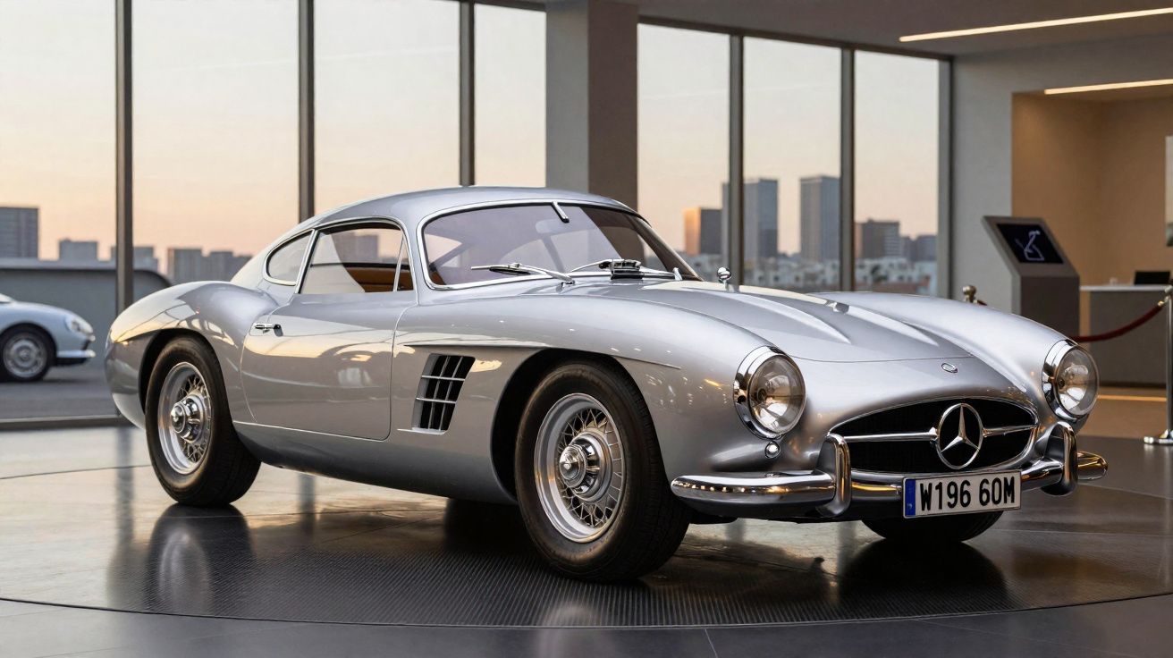 Carro clássico esportivo Mercedes-Benz prata exibido em ambiente interno moderno ao pôr do sol.