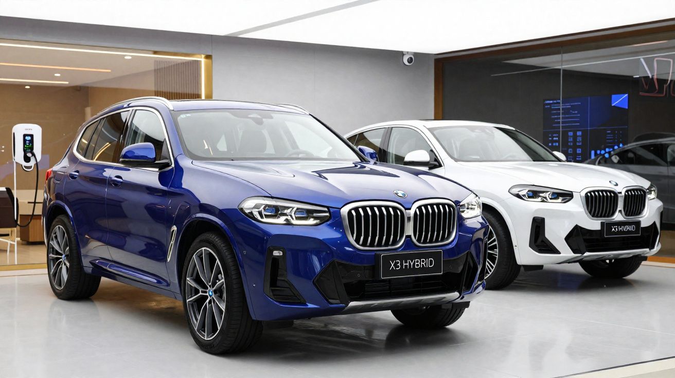 Dois carros BMW X3 Hybrid, um azul e um branco, exibidos em showroom moderno e iluminado.