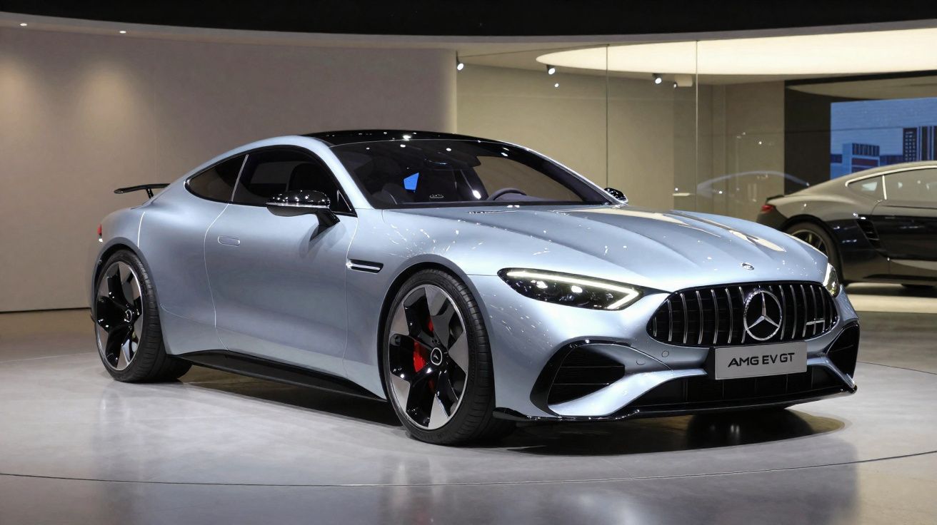 Carro esportivo prata Mercedes AMG EV GT exposto em salão com iluminação moderna.