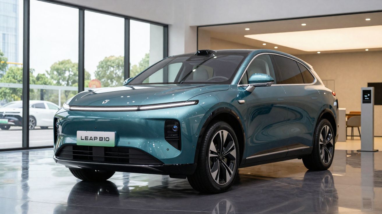 Carro elétrico SUV azul metálico LEAP B10 exibido em showroom moderno com piso refletivo.