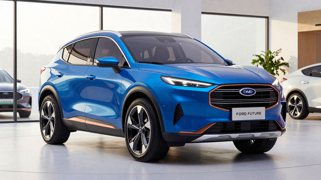 SUV elétrico azul Ford Future em showroom com design moderno e detalhes em cobre.