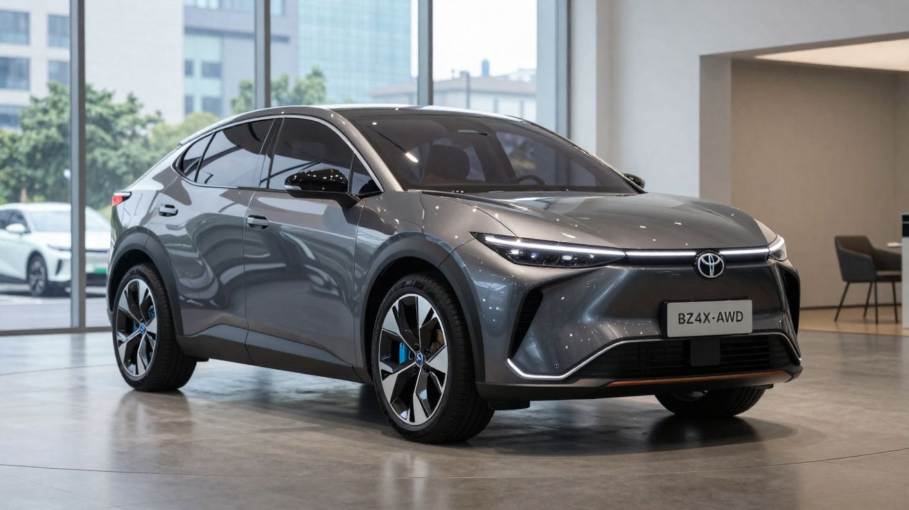 Carro elétrico Toyota BZ4X cinza estacionado em showroom com grande janela ao fundo.