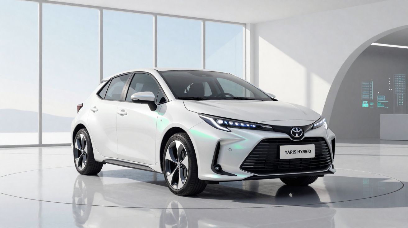 Carro branco Toyota Yaris Hybrid estacionado em ambiente interno com janelas amplas e luz natural.