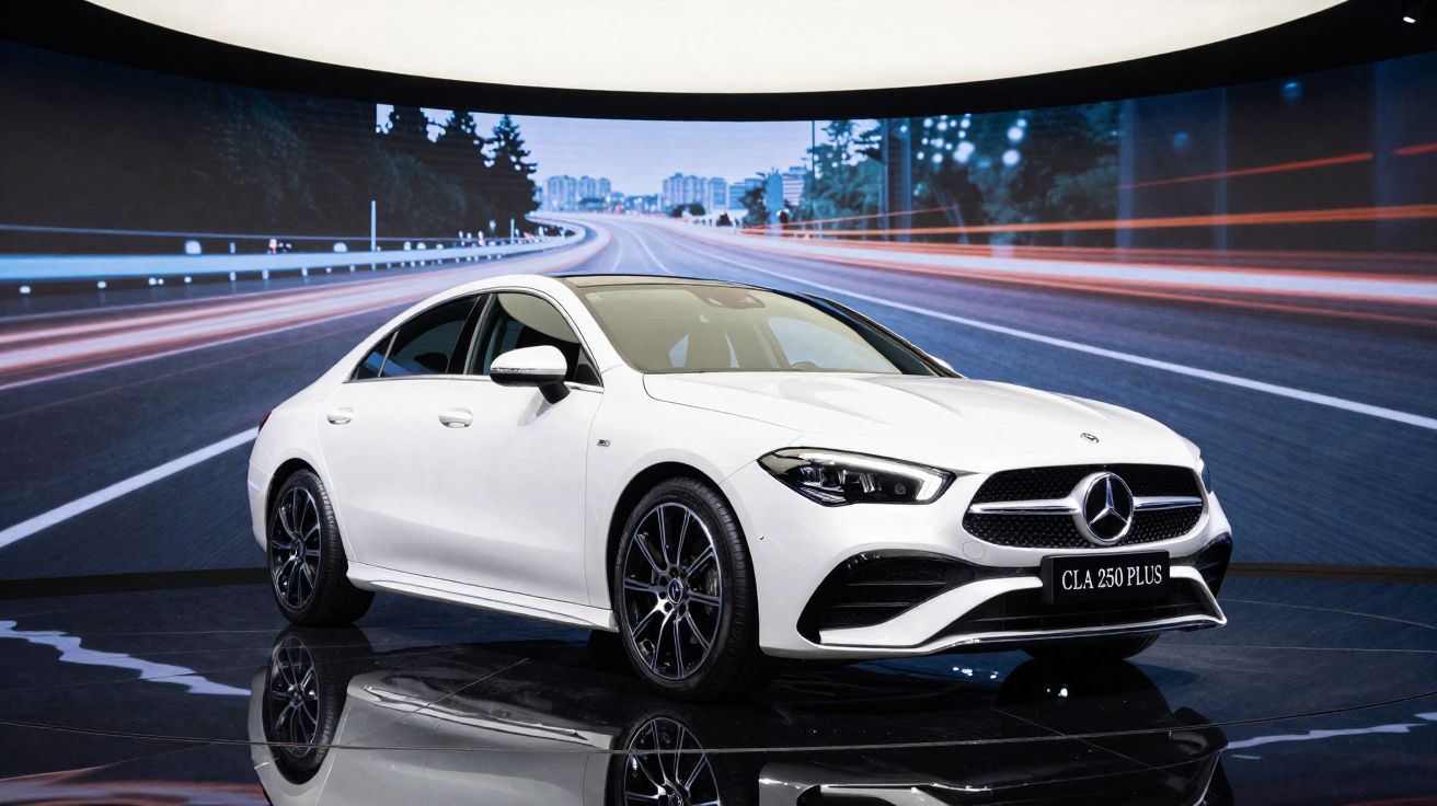 Carro Mercedes-Benz CLA 250 Plus branco exibido em plataforma reflexiva com fundo digital de estrada à noite.