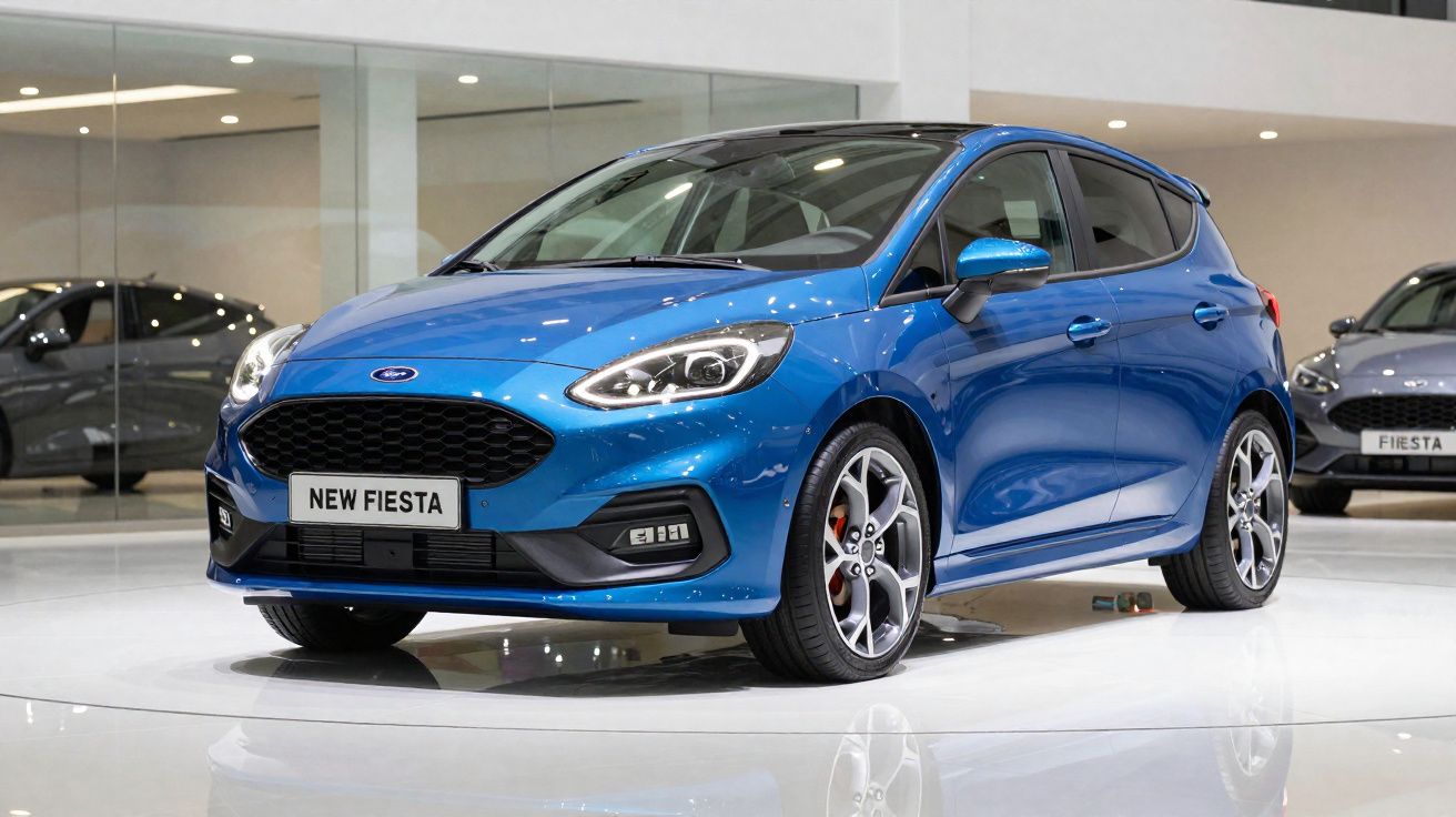 Carro hatch azul Ford New Fiesta exibido em salão de automóveis com piso branco brilhante.