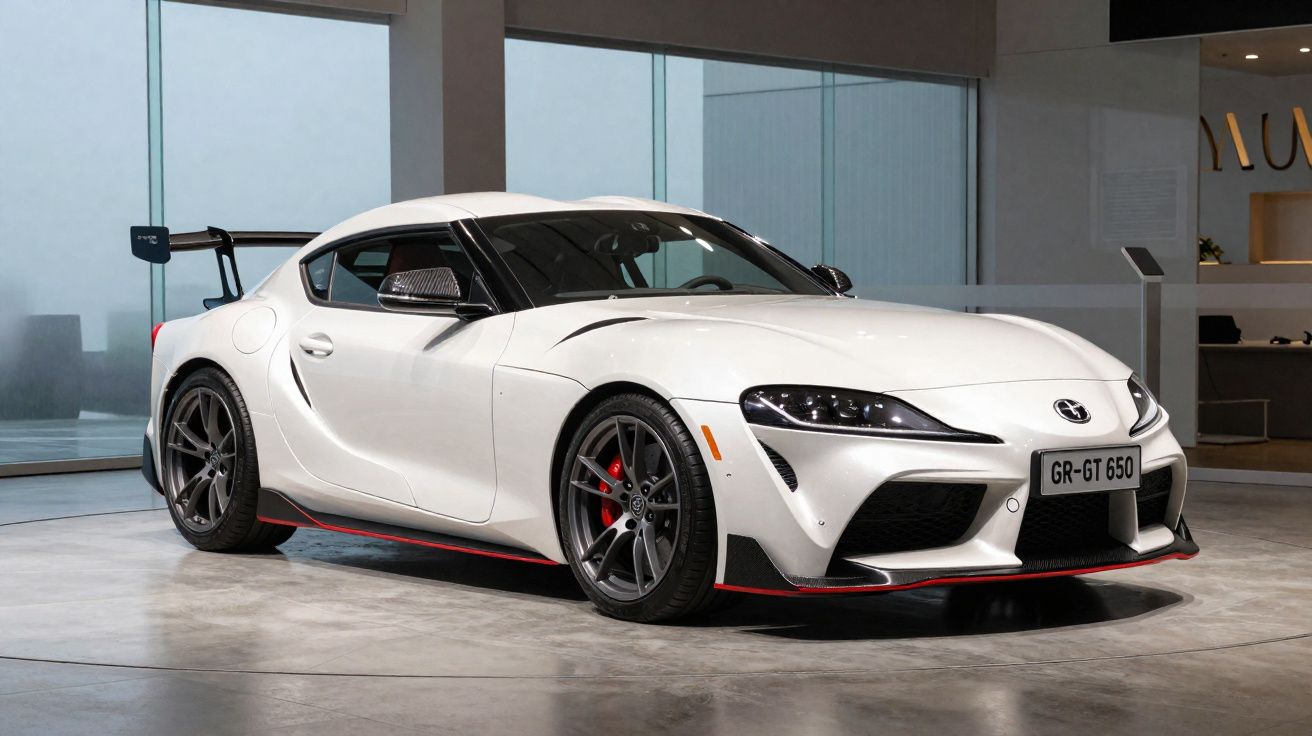 Carro esportivo branco Toyota GR Supra GR-GT 650 estacionado em showroom moderno e iluminado.