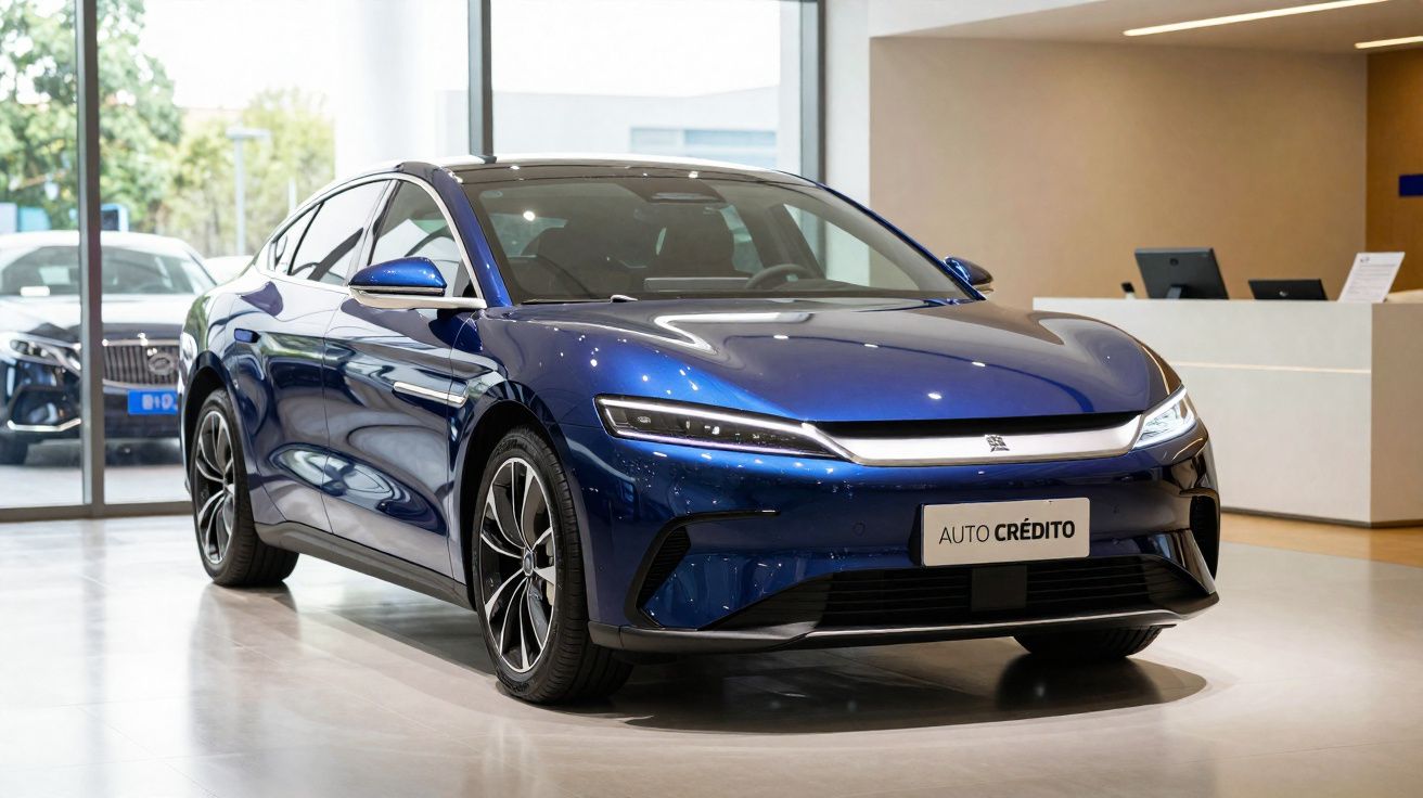 Carro elétrico azul moderno exibido em showroom com placa personalizada "Auto Crédito".