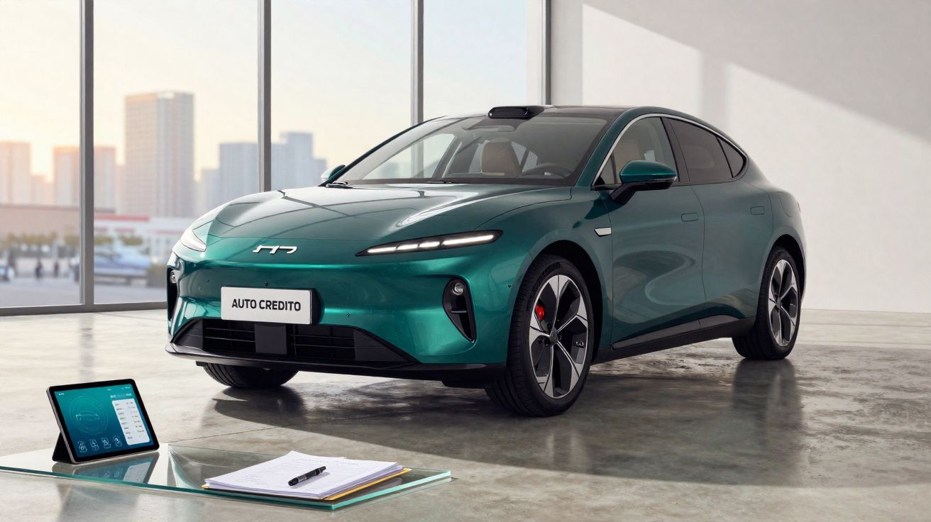 Carro elétrico verde em interior moderno com tablet e caderno sobre mesa de vidro.
