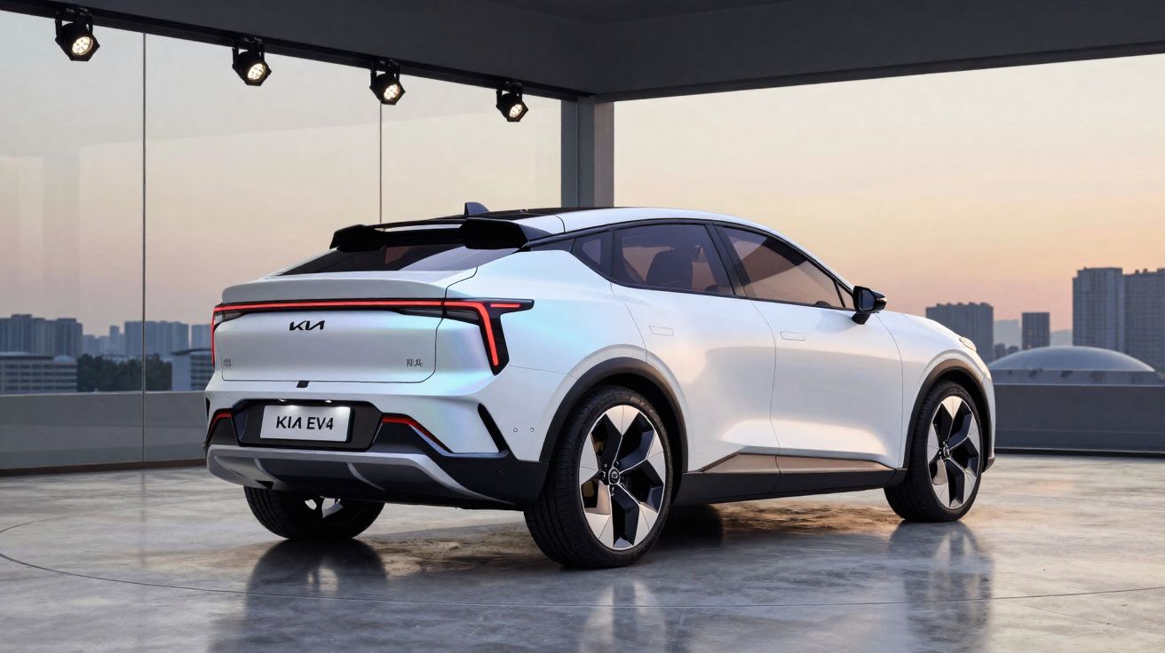 Carro elétrico branco Kia EV4 estacionado em área coberta com prédio ao fundo ao pôr do sol.