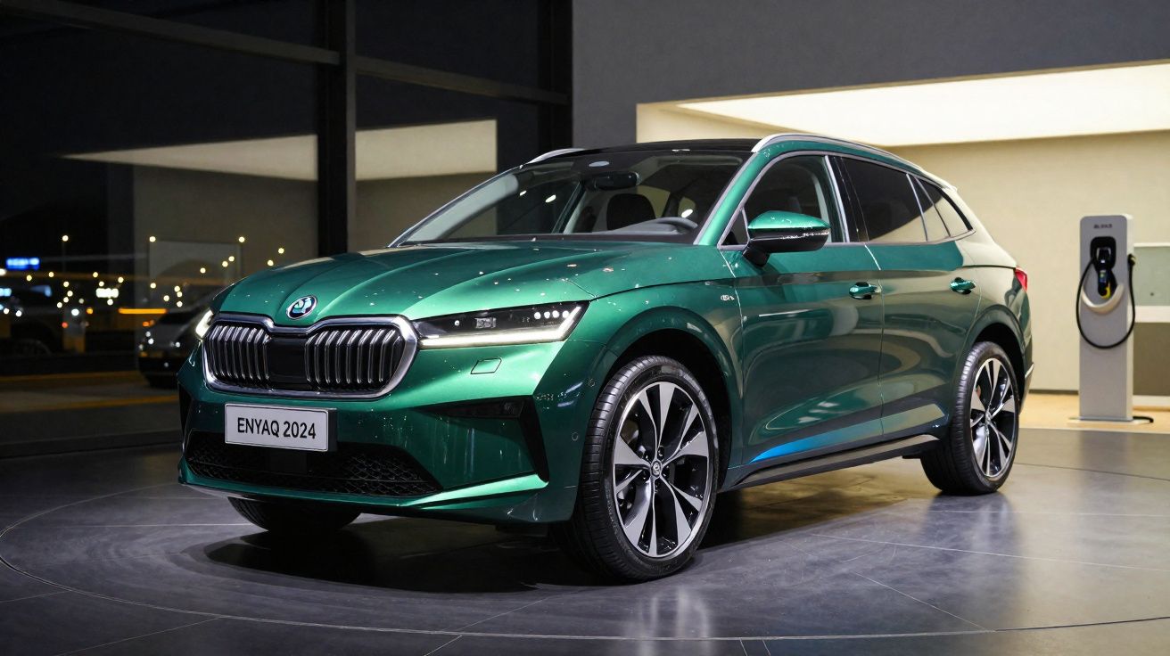 Carro elétrico SUV verde Skoda Enyaq 2024 em exposição com carregador elétrico ao fundo.
