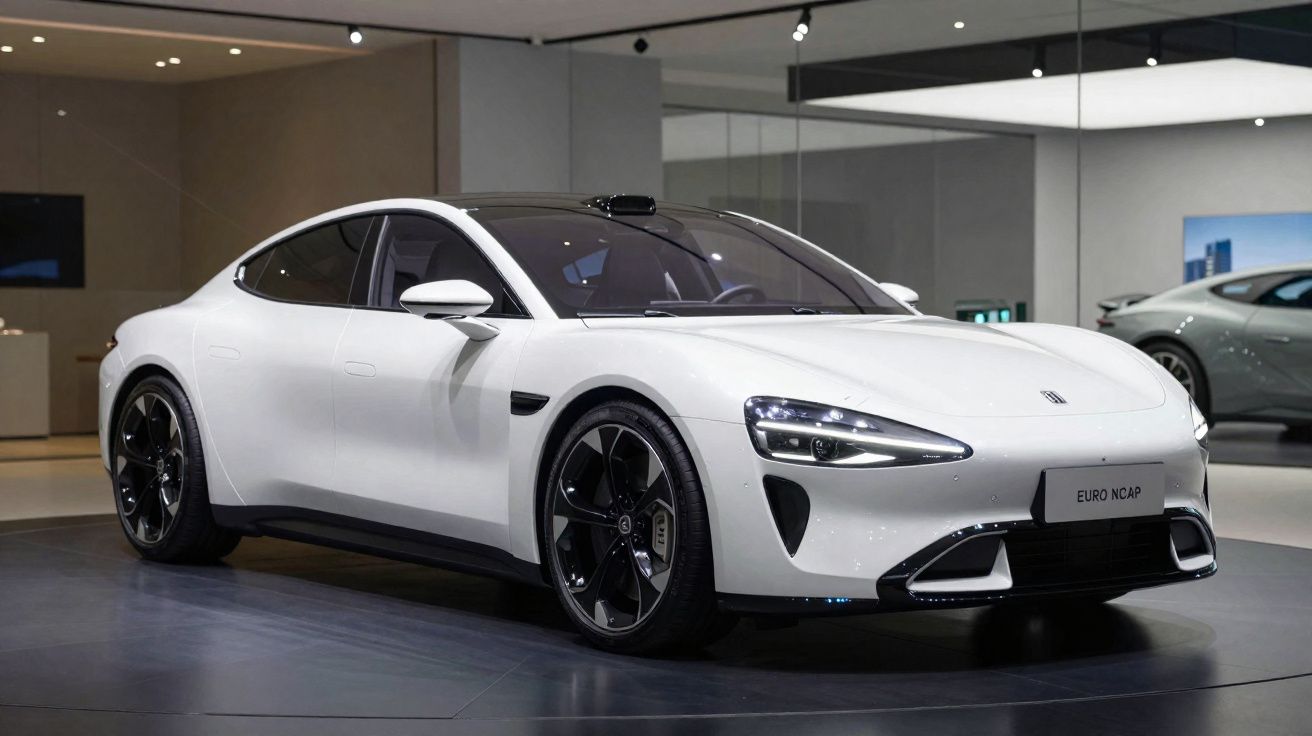 Carro elétrico esportivo branco exposto em salão automotivo com piso escuro e iluminação ambiente.