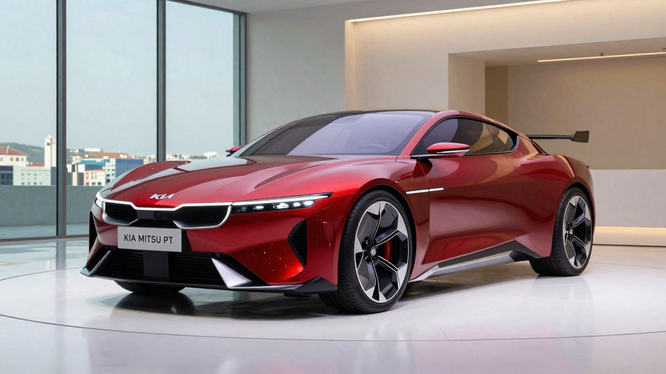 Carro esportivo vermelho Kia Mitsu PT em exposição em ambiente moderno e iluminado.