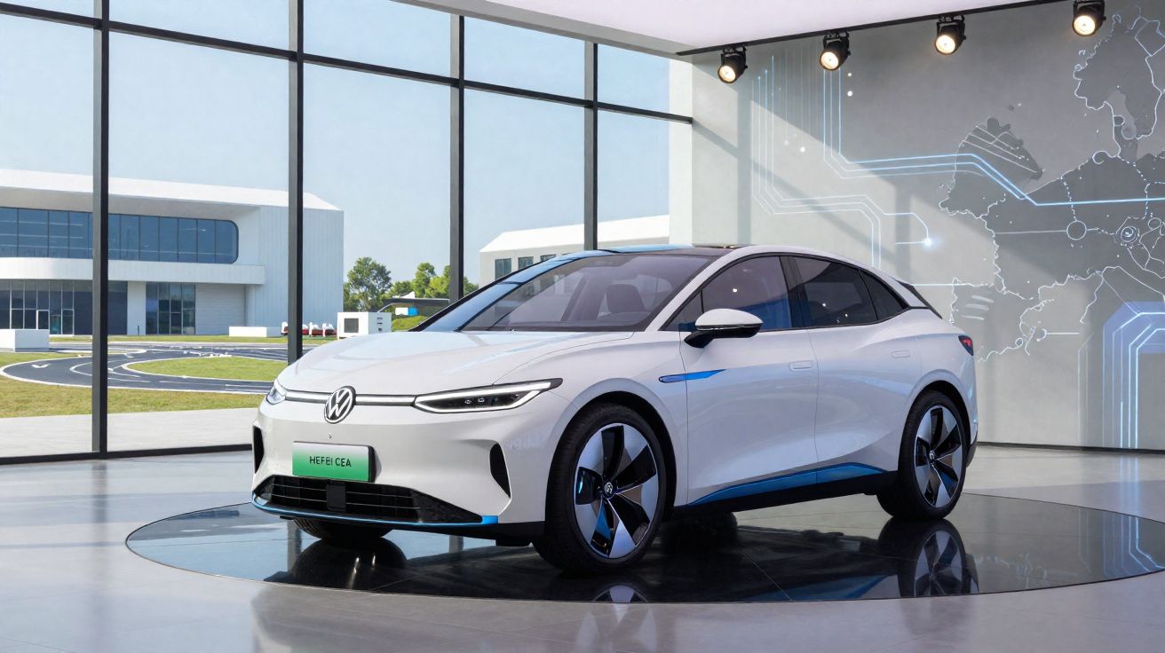 Carro elétrico branco Volkswagen estacionado em showroom moderno com grandes janelas de vidro.