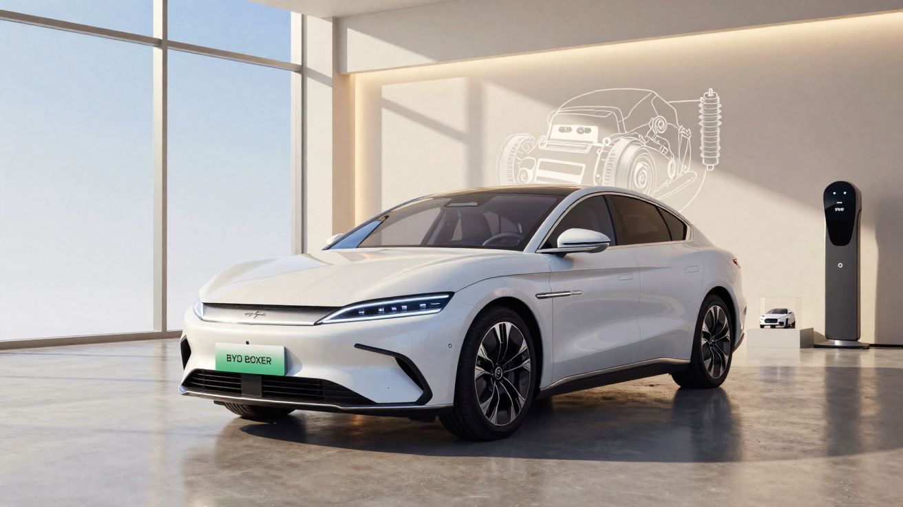 Carro elétrico branco BYD elétrico em ambiente interno com parede decorada e carregador ao fundo.