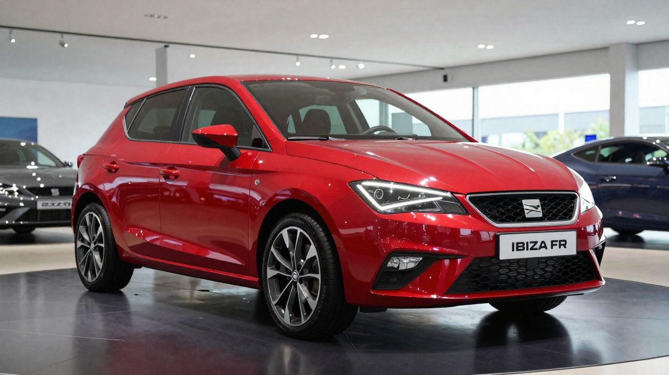 Carro vermelho Seat Ibiza FR exposto em showroom com iluminação moderna e outros veículos ao fundo.