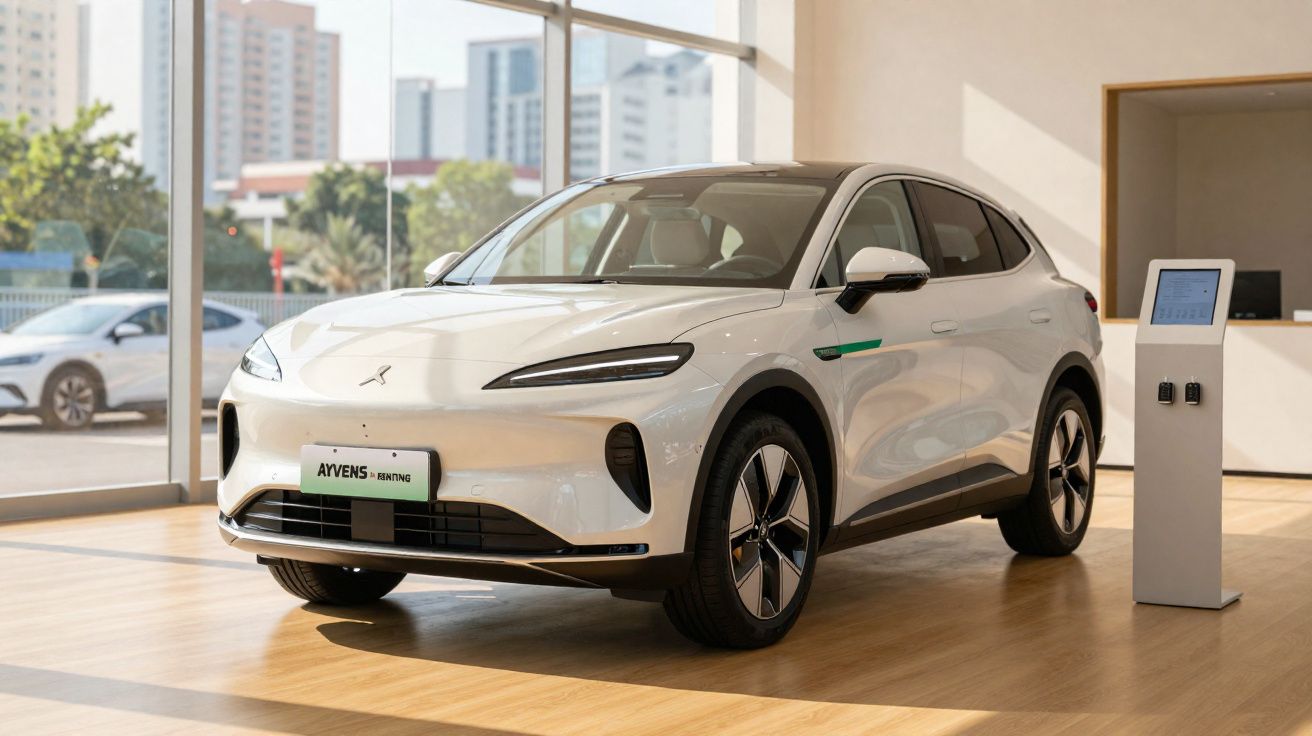 Carro elétrico branco exposto em showroom com piso de madeira e paredes de vidro.