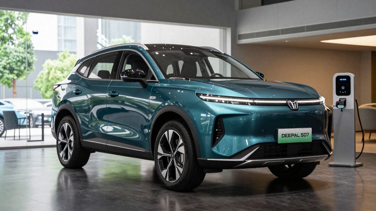 Carro elétrico SUV Deepal S07 verde exposto em showroom moderno com estação de recarga à direita.