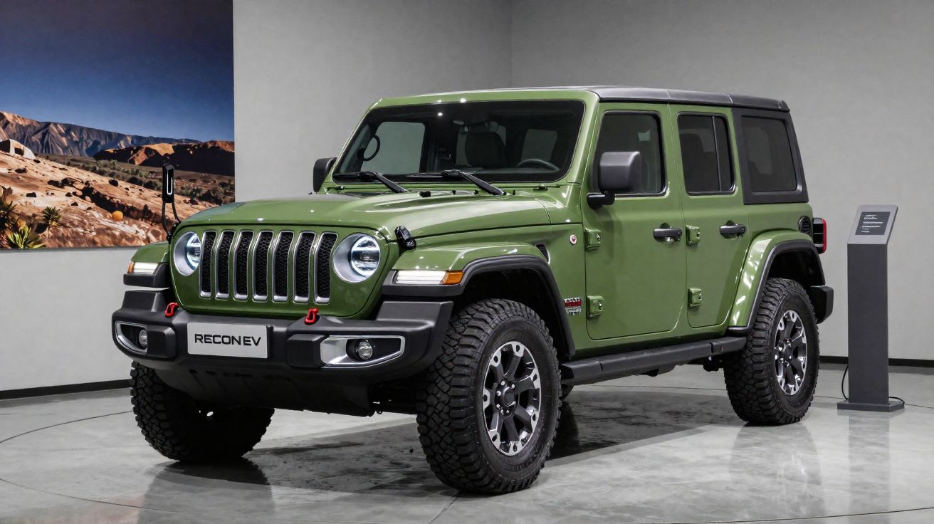 Jeep verde militar estacionado em ambiente interno com painel cinza e pintura de paisagem ao fundo.