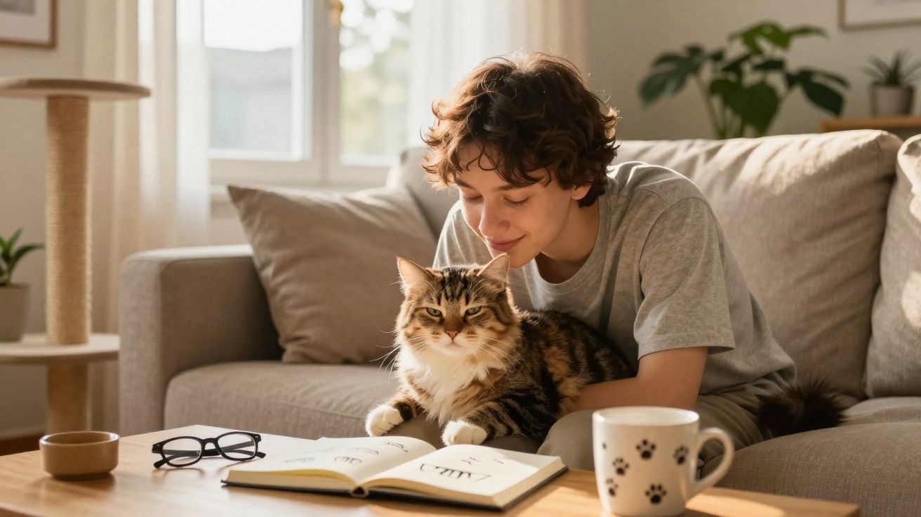 Pessoa sorrindo abraça gato no colo enquanto lê livro, em sala com sofá, plantas e luz natural.