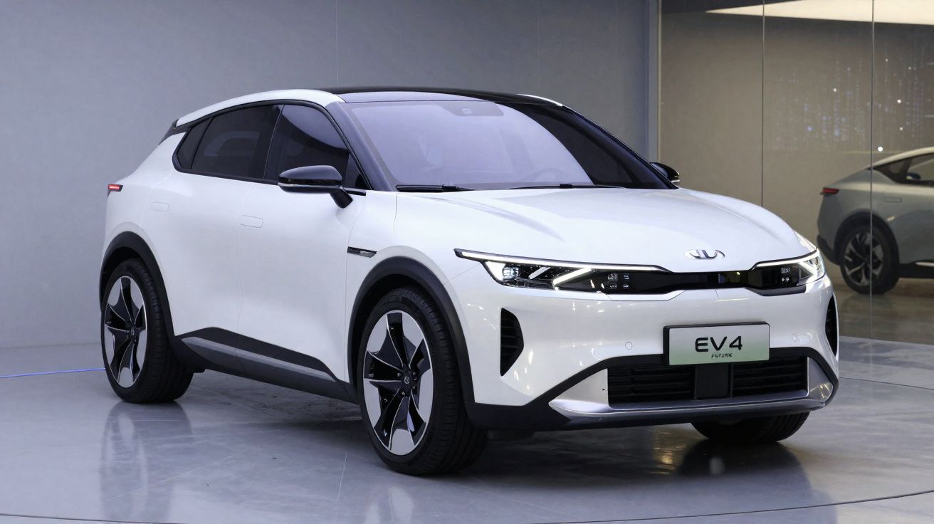 Carro elétrico branco Kia EV4 estacionado em ambiente interno com paredes cinza e vidro ao fundo.