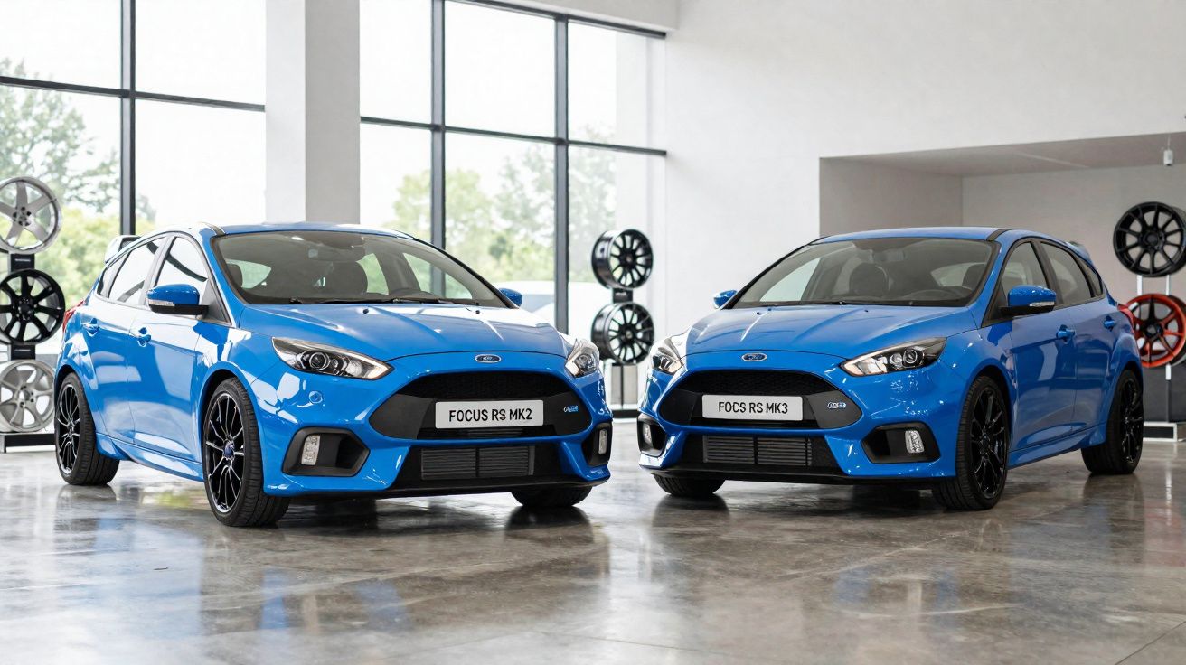 Dois carros azuis Ford Focus RS MK2 e MK3, lado a lado em showroom com piso de cimento polido.