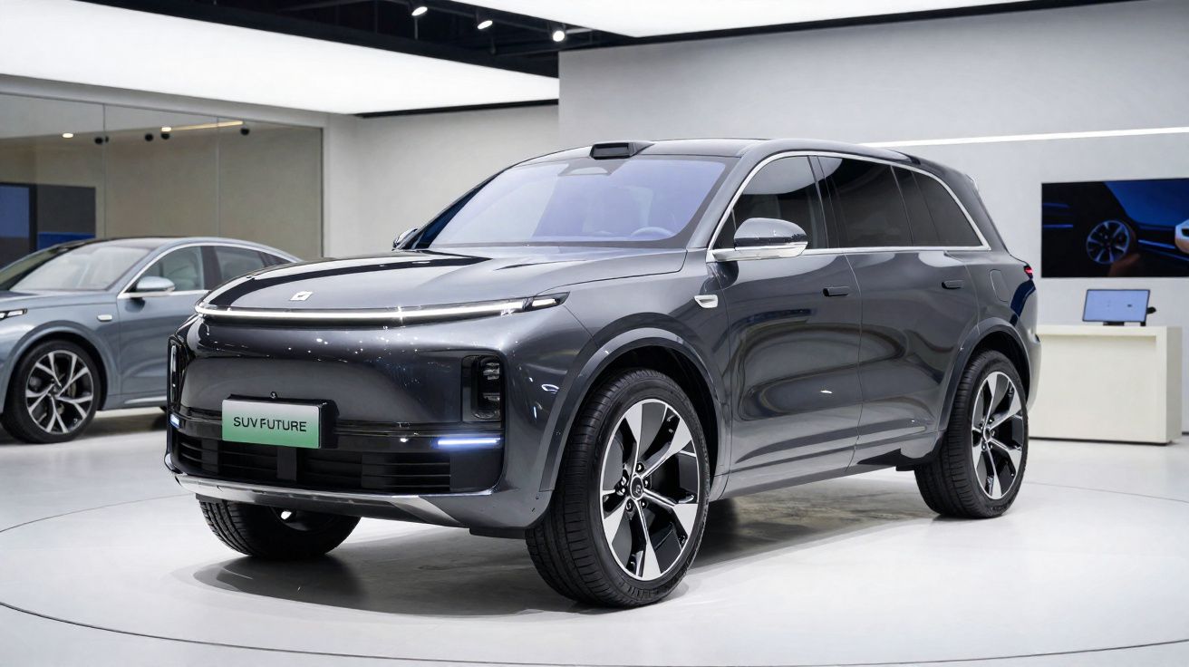 SUV elétrico cinza escuro exibido em ambiente interno, com design moderno e rodas grandes.
