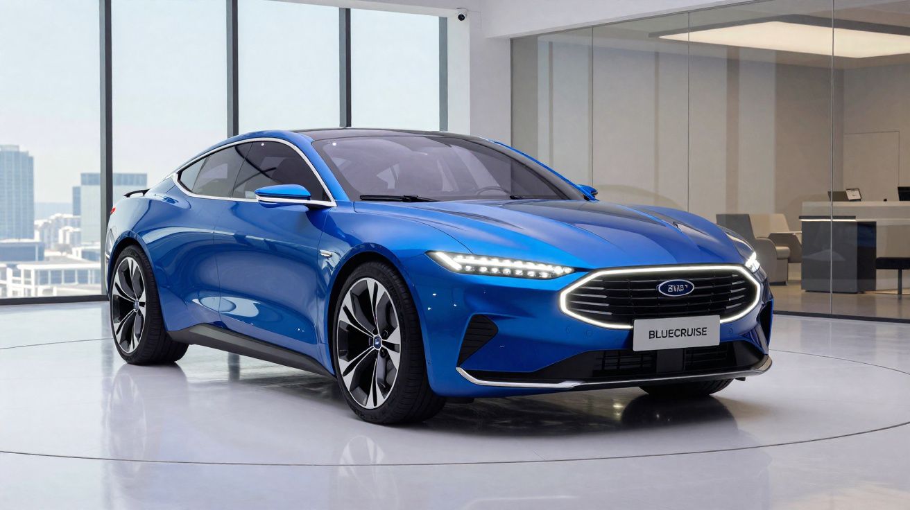 Carro esportivo elétrico azul em exposição em ambiente interno moderno com janelas de vidro grandes.