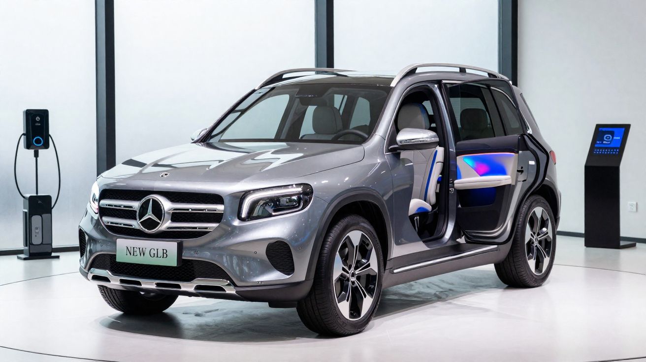 Carro Mercedes-Benz New GLB cinza com porta traseira aberta em ambiente moderno e minimalista.