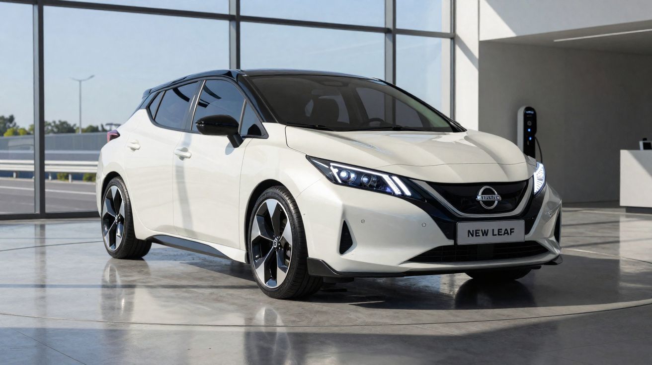 Carro elétrico Nissan New Leaf branco estacionado em ambiente interno moderno com teto de vidro.