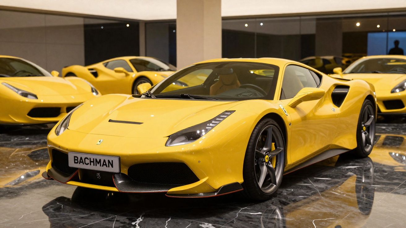 Carro esportivo amarelo Ferrari estacionado em piso de mármore, com outros carros amarelos ao fundo.