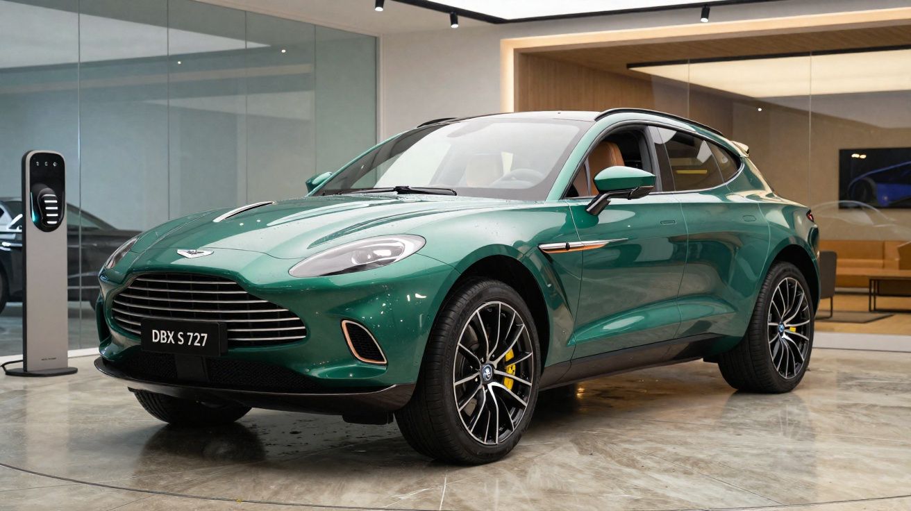 Carro esportivo verde Aston Martin DBX S 727 estacionado em ambiente interno moderno e elegante.