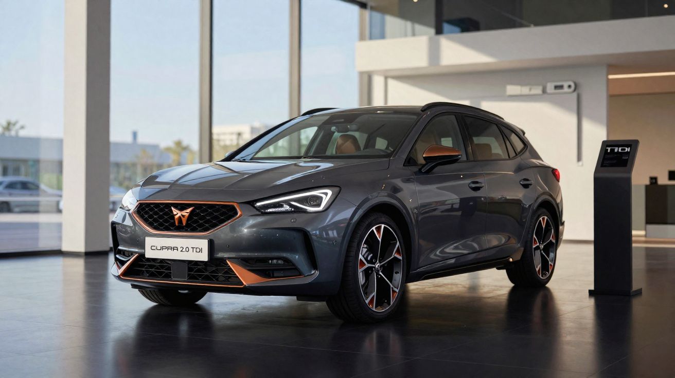 SUV cinza escuro Cupra 2.0 TDI em exposição em showroom moderno e iluminado.