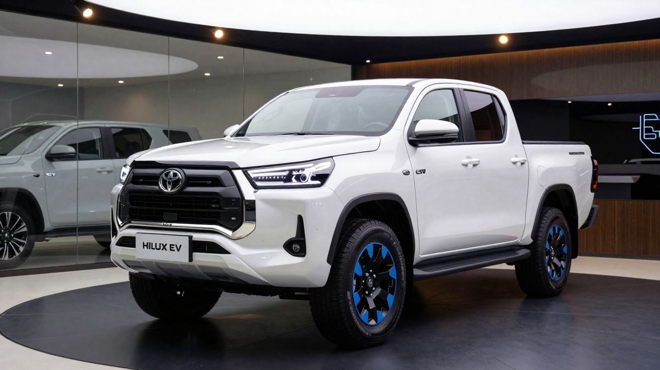 Picape Toyota Hilux EV branca com detalhes em azul, exposta em salão moderno com espelho ao fundo.
