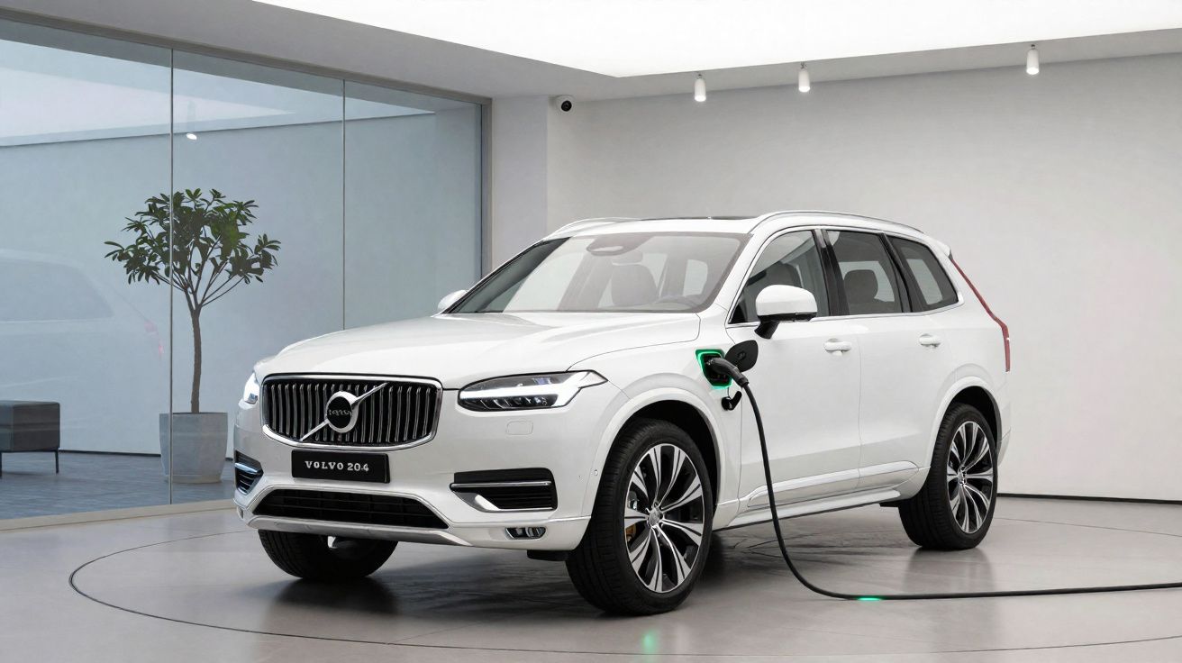 Carro elétrico branco Volvo XC90 carregando bateria em ambiente interno moderno com parede branca e planta.